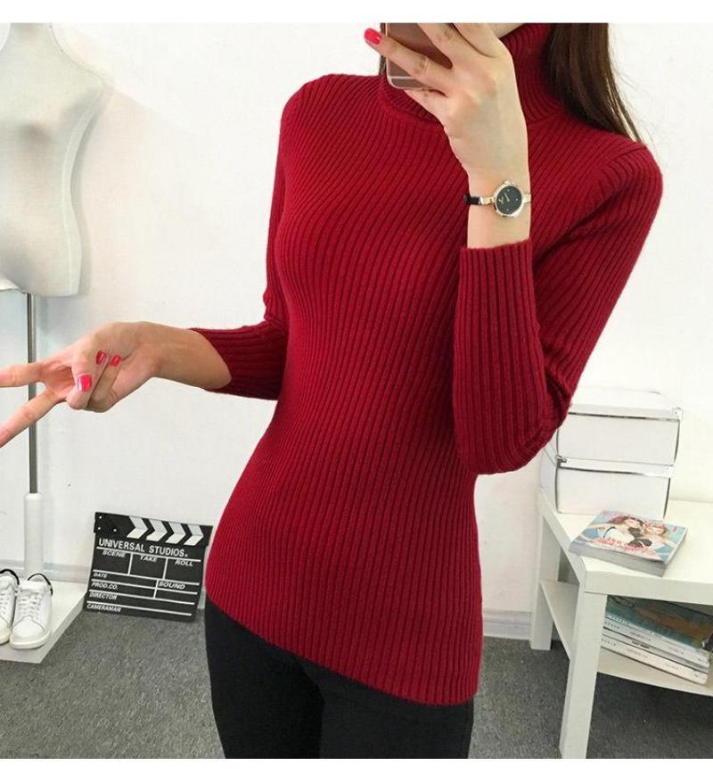 Winter Knitted Jumper Tops Turtleneck Pullovers Casual Sweaters Women Shirt Tight Red Wine Sweater