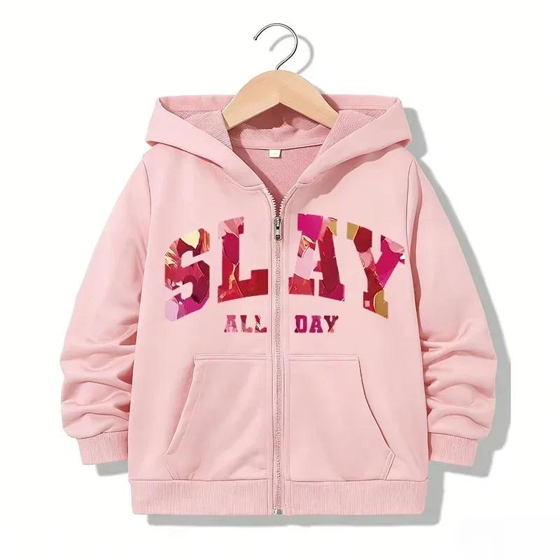 Kids Zip Up Hoodie SLAY ALL DAY Floral Letter Graphic Print Long Sleeve Loose Hooded Jacket Casual Street Sweatshirt