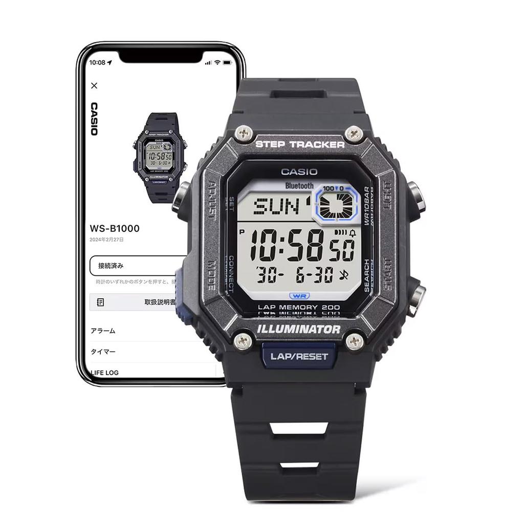Casio WS-B1000-1AV Цифровые часы с Mobile Link, Bluetooth, Шагомером, Мужские, Черные, Импортные