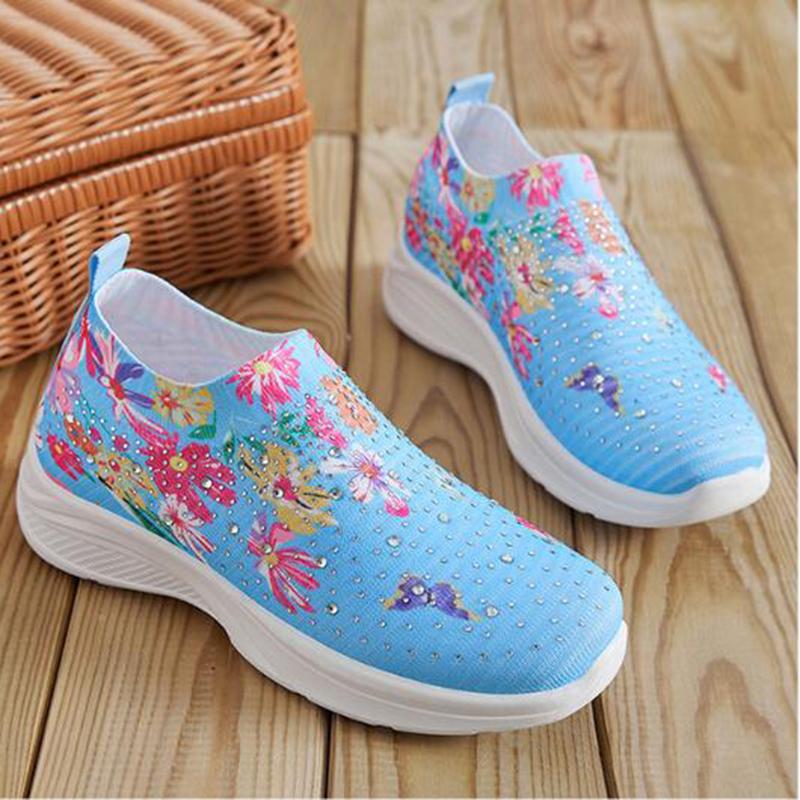 Женские туфли на плоской подошве с цветочным принтом, большие размеры, блестящие дышащие сетчатые лоферы с кристаллами, женские прогулочные туфли без шнуровки