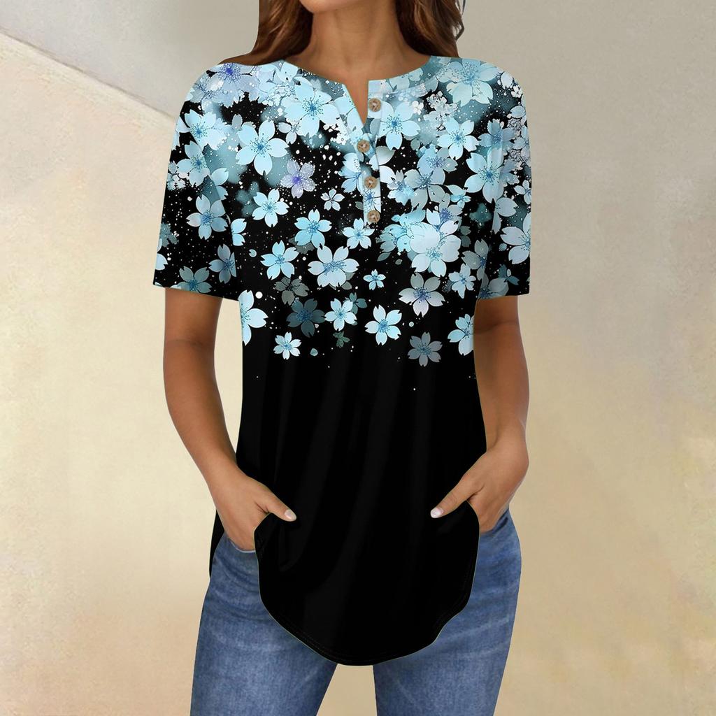 Short Sleeve Womens Tops Summer T-Shirts Floral Print V Neck Casual Basic Tee Button Shirts Tunic Tops