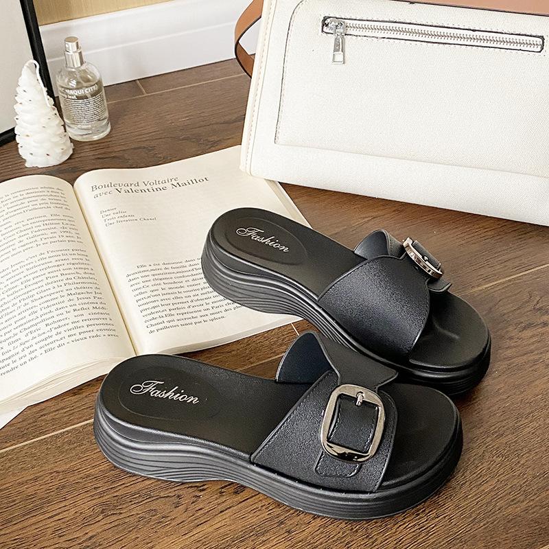 Женские модные шлепанцы с пряжкой, на танкетке, на платформе, обувь, удобные пляжные туфли, тапочки