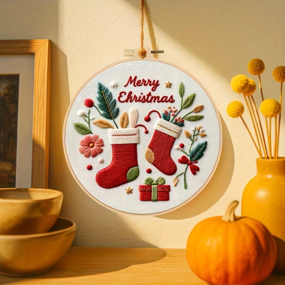 1PCS Stamped Cloth Christmas Embroidery DIY Kit with Embroidery Hoop Handmade Beginner Cross Stitching Kits Beginner-friendly