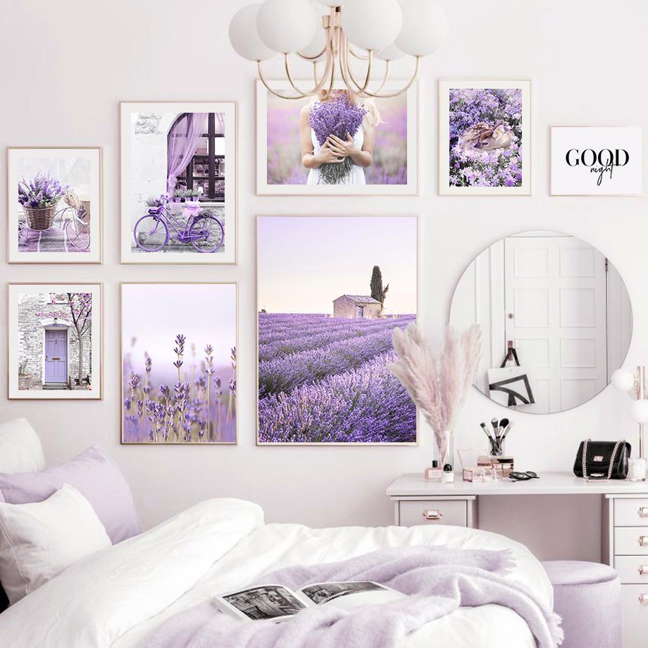 Настенная картина на холсте, фиолетовое лавандовое поле, тростниковый дом для девочек, велосипед, украшение для гостиной, постеры и принты, настенные панно для дома