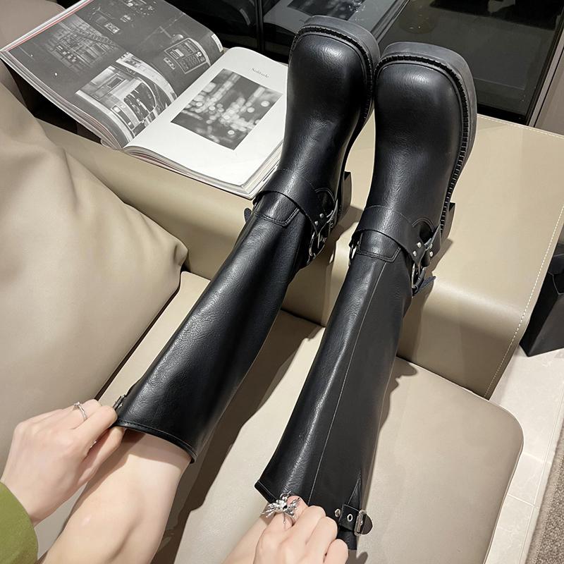 Модные винтажные ковбойские сапоги с пряжкой, женские сапоги до колена на платформе с носком из искусственной кожи, на среднем каблуке, длинные ботинки