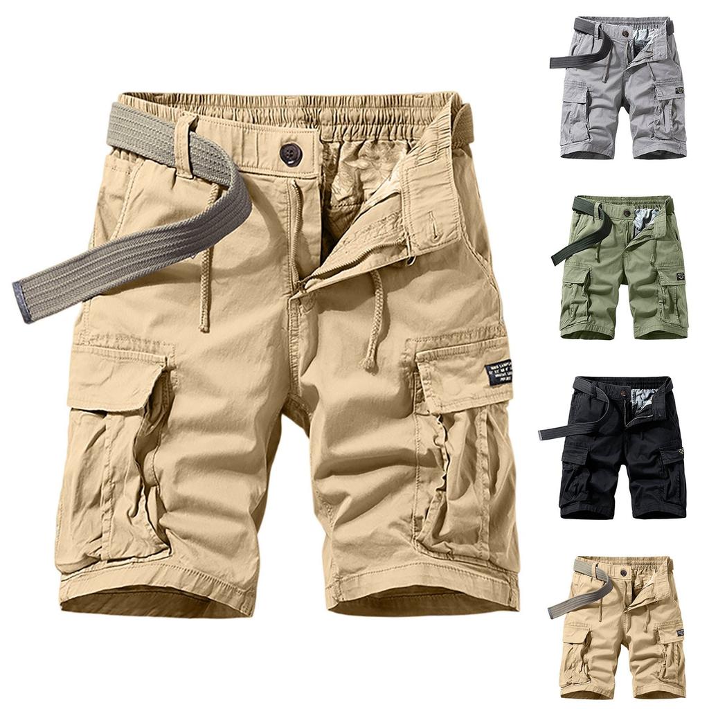 Men's Vintage Cotton Cargo Shorts - Multi-Pocket Zippered Elastic Waistband Pre-Washed Military