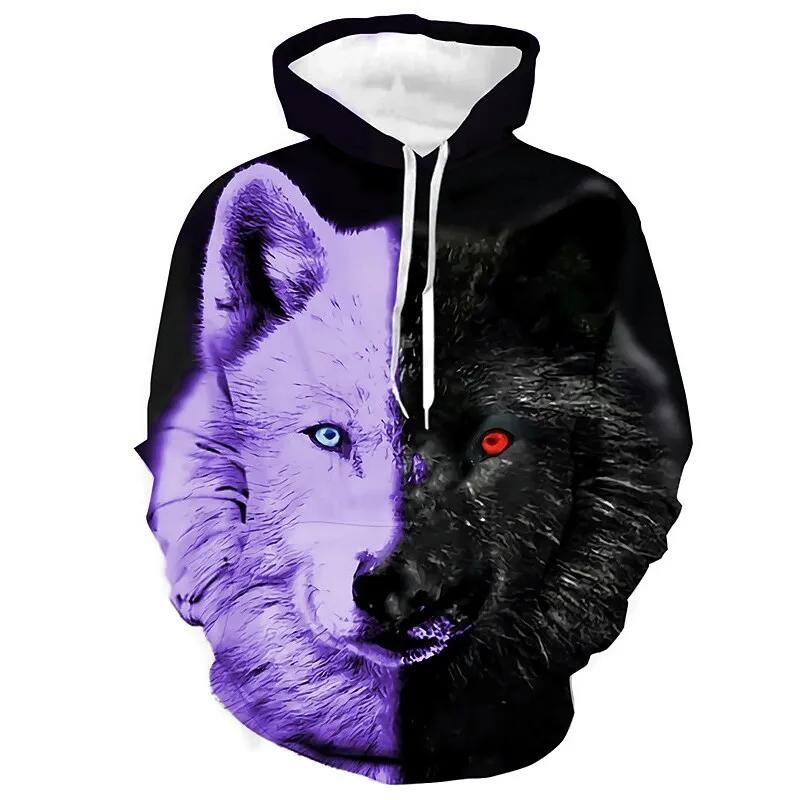 Black and White Wolf Print 3D Men's Hoodies Fashion Animal Pattern Women's Sweatshirts Leisure Essentials Pullover Jackets Coat