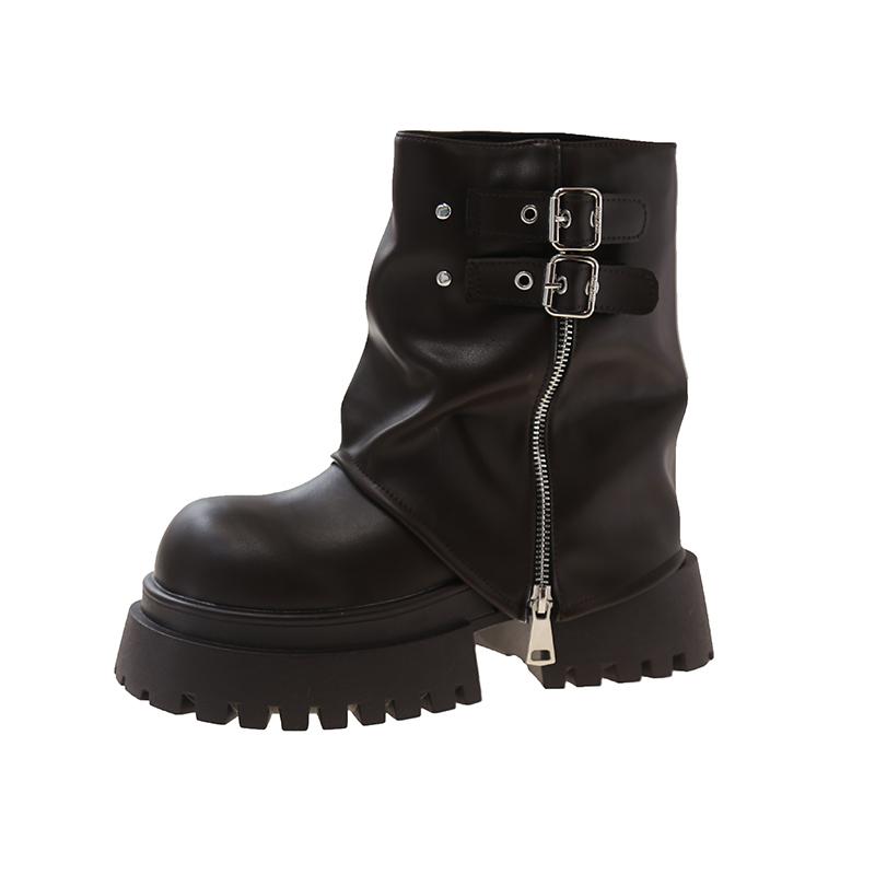 Обувь женская 2024 года, горячая распродажа, женские сапоги до середины икры, лаконичные современные сапоги, женские, с пряжкой на ремне, с круглым носком, со средним каблуком, с боковой молнией, женские