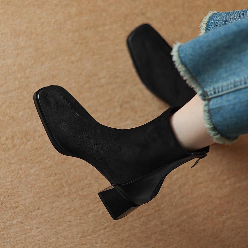 Krazing Pot Осенне-зимняя обувь из флока Ботинки Челси с квадратным носком, сохраняющие тепло, на молнии, эластичные ботильоны