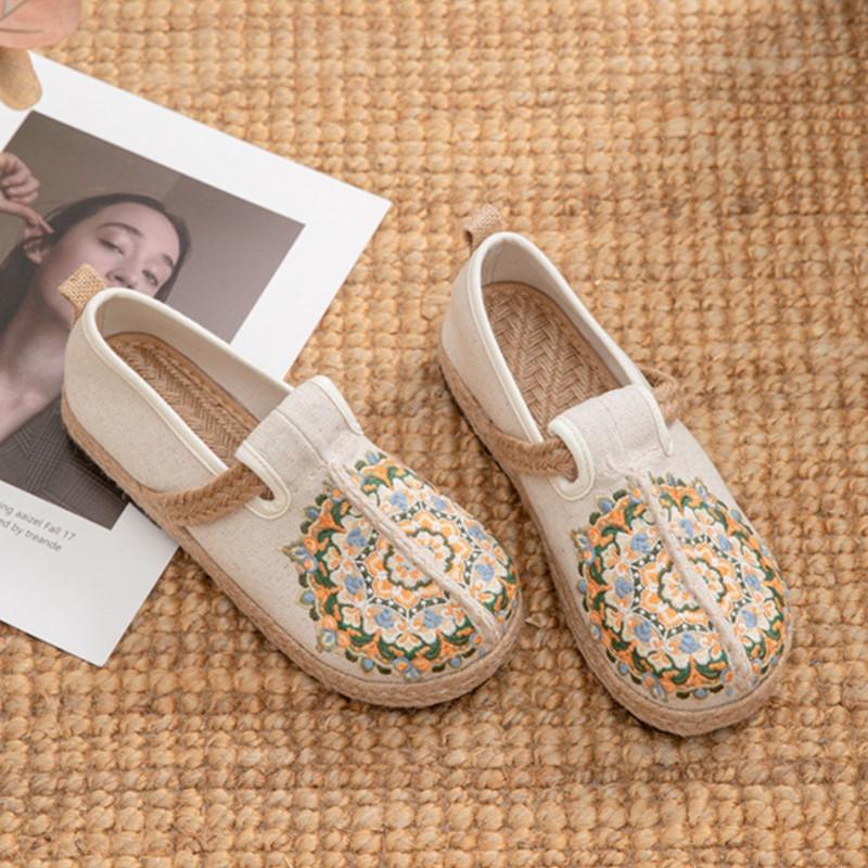 Johnature Женские туфли на плоской подошве из хлопка и льна в стиле ретро с круглым носком, вышитые вручную в этническом стиле