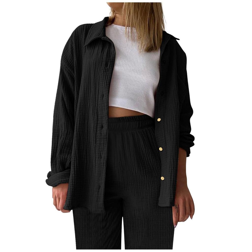 Wrinkled Fabric Women Long Sleeve Shirt Collar Button Down Shirt High Waist Drawstring Shorts Plus Size Casual Two Piece Set