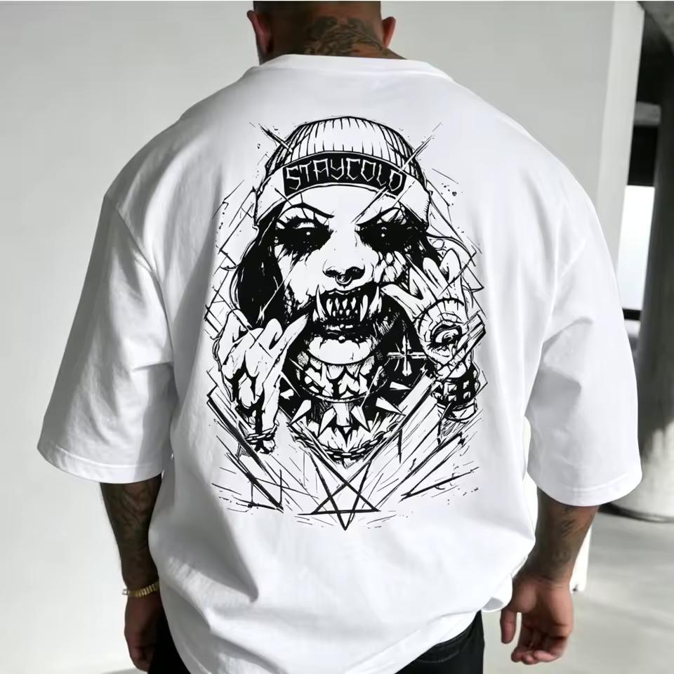 American Super Big Brother Special Pattern T-shirt - Thrilling "Staycold" Skull Monster Back Print T-shirt, Round-neck Top