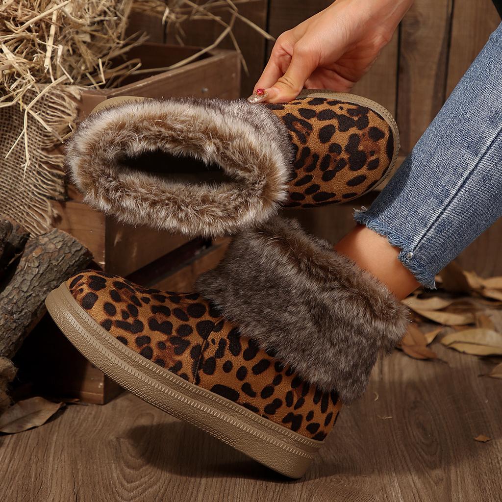 Fashion Shoes for Women Winter New Slip On Women Boots Round Toe Solid Flock Plush Warm Mid Heel Casual Snow Boots Women Botas De Mujer