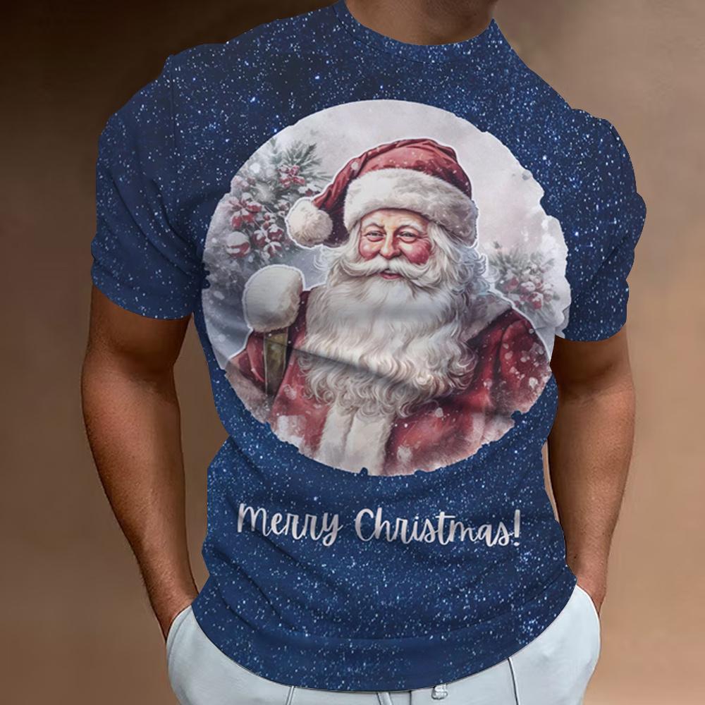 Рождественская мужская футболка с принтом Санта-Клауса, короткий рукав, повседневный свитер с круглым вырезом, уличная одежда, топы для активного отдыха, футболка, свободная мужская одежда