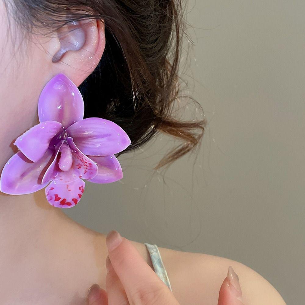 Silver Needle Flower Stud Earrings Epoxy Resin Vacation Style Earrings Women