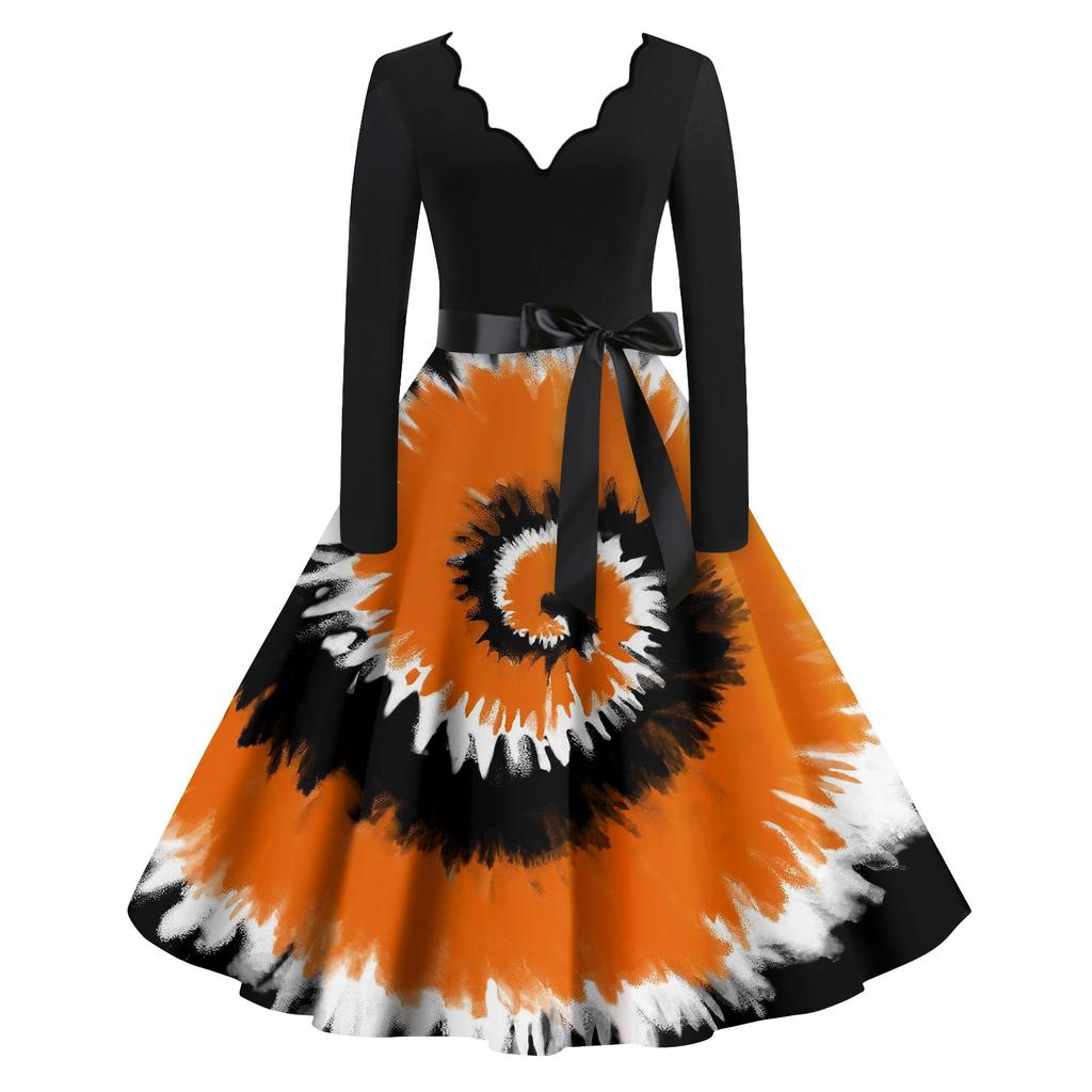 Женские повседневные модные винтажные длинные платья с длинным рукавом на Хэллоуин и графическим принтом