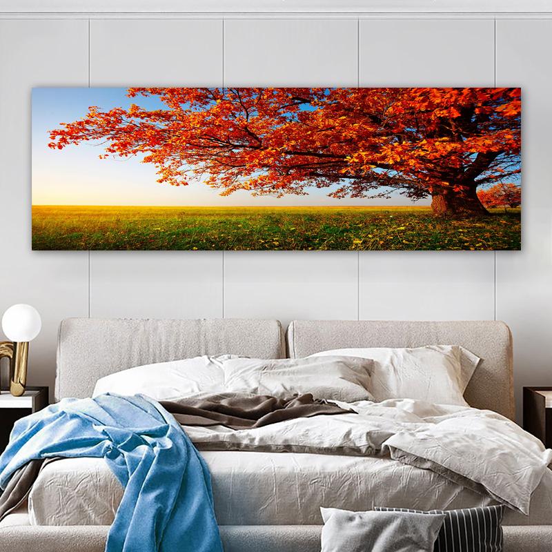 Современная панорамная картина на холсте с изображением цветочного поля на закате в ярких зеленых и красных тонах