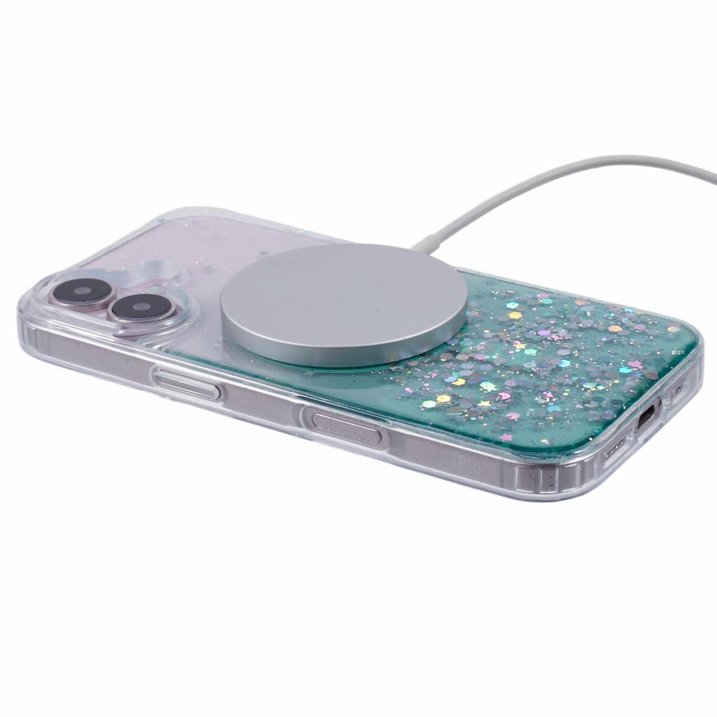 For iPhone 16 Case Compatible with MagSafe Sparkle Epoxy TPU+Acrylic Phone Cover - Green