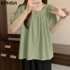 Женская летняя повседневная Свободная блузка с круглым вырезом и короткими рукавами, украшение на пуговицах