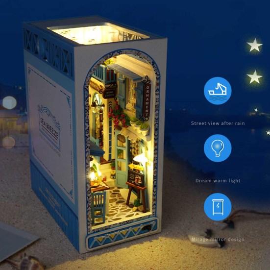 Mini Book House DIY Wooden Book Nook Shelf Insert Miniature Building Kits Good Detail Bookshelf Assembly Bookend Adults Birthday Gifts