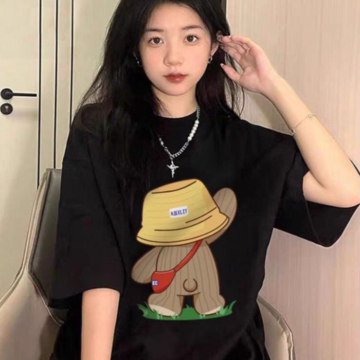 Women Summer Short Sleeve Cartoon Bear Printed Oversize T Shirt Blouse Top