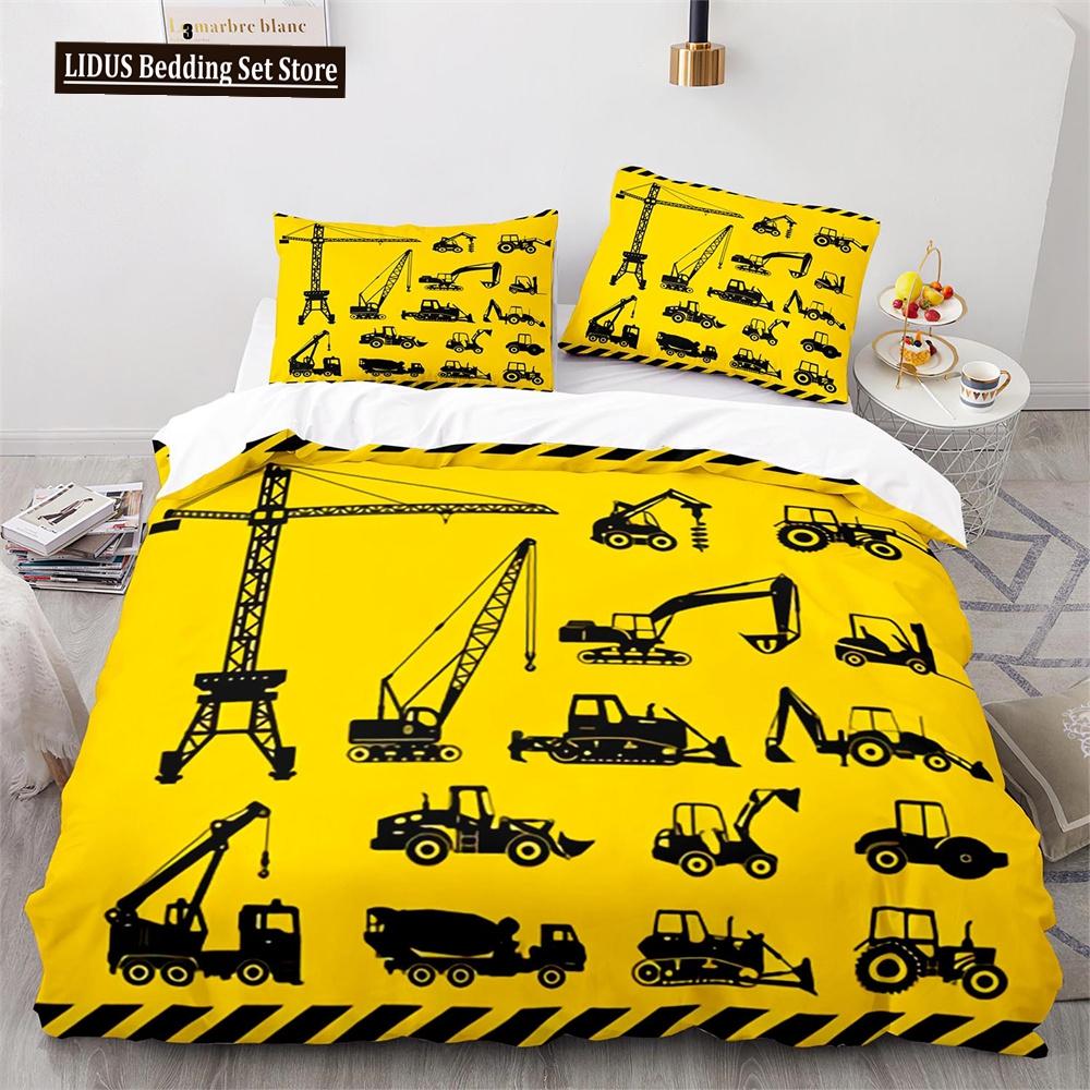 Комплект пододеяльника Digger Мультяшный Грузовик Тяжелой Техники Кран Бетономешалка Экскаватор Трактор Узор Для Ребенка Подростка Полиэстеровый Постельный Комплект