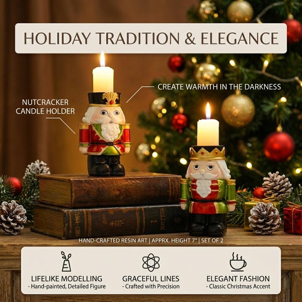 Nutcracker Candle Holder Set of 2 Resin Hand‑Painted Christmas Nutcracker Figurine Candle Holders for Xmas Table Mantel Decor red/green