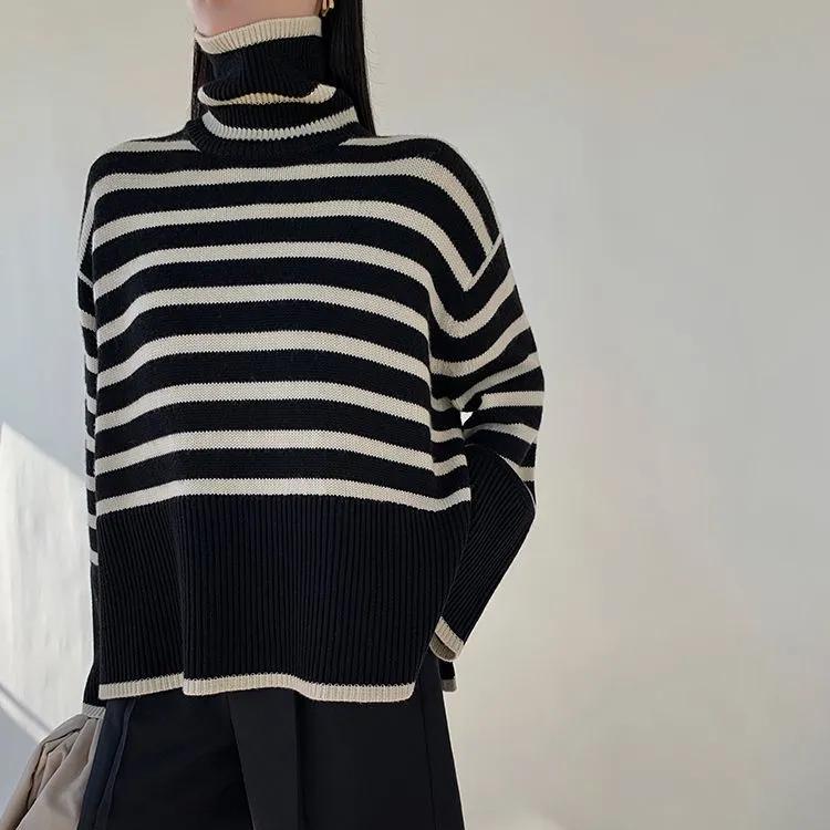 Women's Striped Turtleneck Sweater Autumn and Winter Loose Design Niche Knitwear Pullover Coat