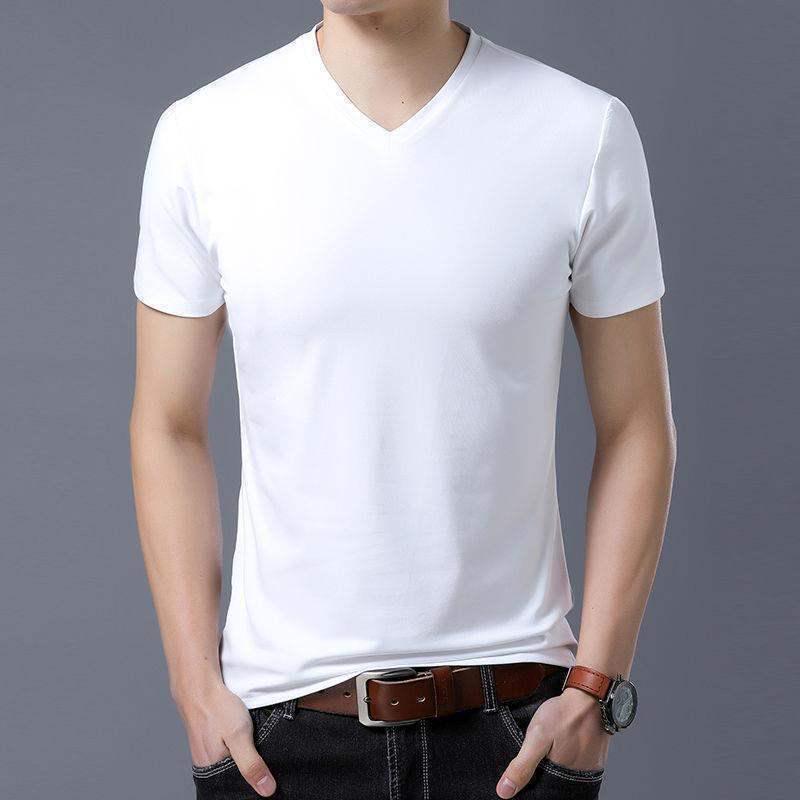 Men's Slim Fit V-Neck Short Sleeve T-Shirt - Solid Color, Trendy Innerwear, White