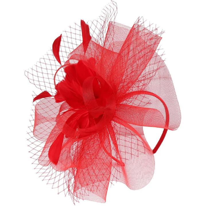 Fascinators Hat Mesh Cocktail Tea Party Headband with Hair Clip for Women Flapper Accessories Special Occasion Red