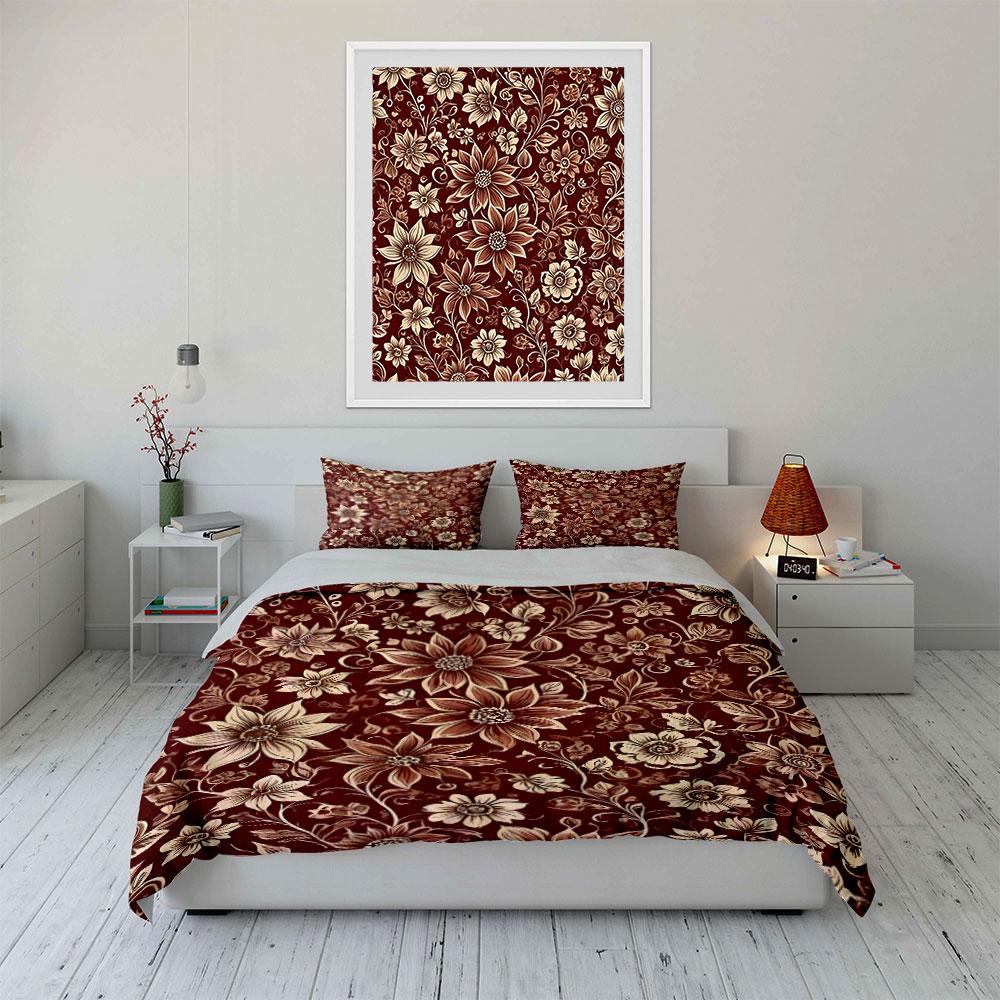 3Pcs Vintage Floral Bedding Set, Red and Cream Botanical Pattern Print Duvet Cover + 2 Pillowcases, Classic Decor