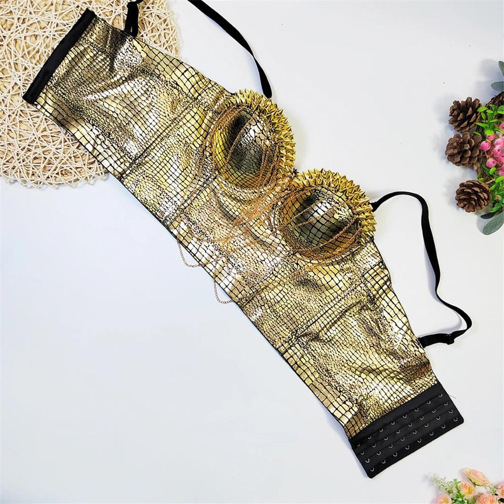 Укороченный топ yushutiff, женский корсет с шипами, топ для ночного клуба, вечеринки, Rave Festival, наряд, бюстье, бюстгальтер пуш-ап, жилеты без рукавов, Золотая одежда