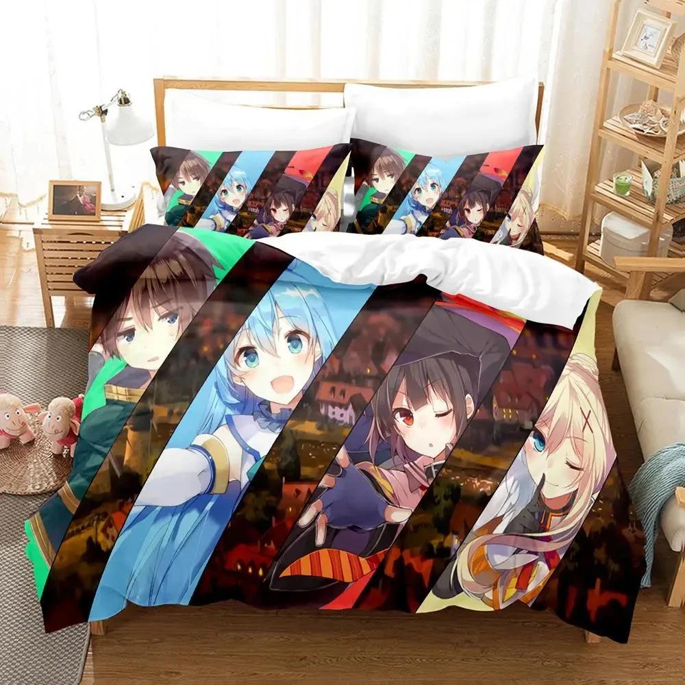 KonoSuba 3D Кавай Картонный Аниме Мягкий Комплект Пододеяльников для Взрослых Молодых Парней Спальни 2-местный 3-предметный Комплект Постельного Белья Мягкий Пододеяльник Комплект Постельного Белья