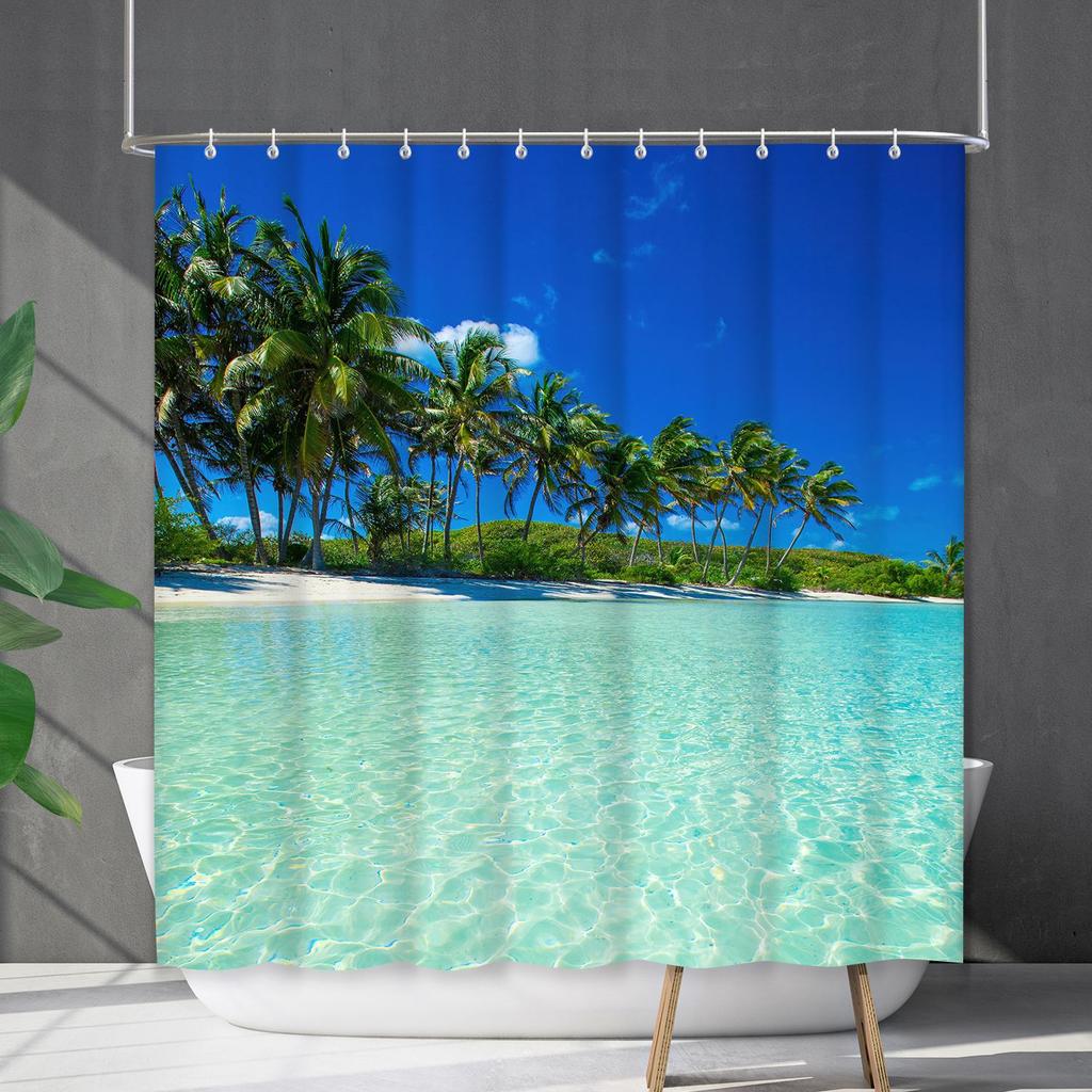 Shower Curtain Waterproof And Mildew-Proof Coconut Tree Beach Beach Bathroom Shower Curtain Shower Curtain Partition Curtain Free Punching