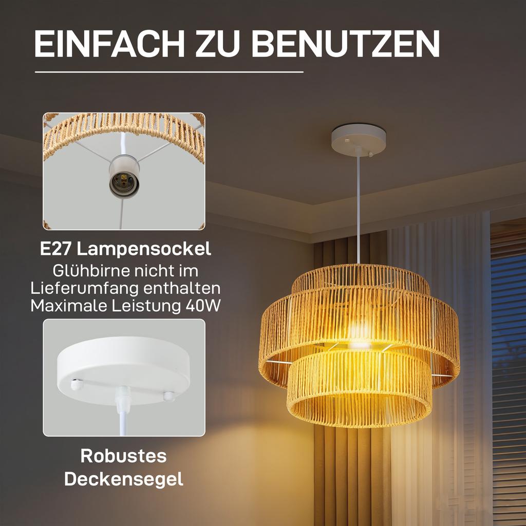 Pendant Lamp, 3-Tier Lampshade, Metal, Hemp Rope, Light Brown