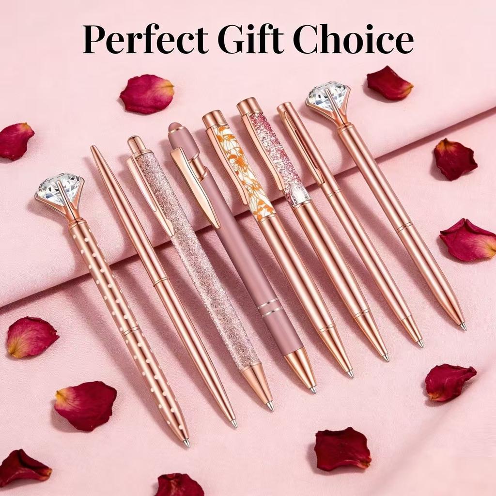 Набор шариковых ручек 8 шт. Rose Gold - Стильные металлические ручки с хрустальными акцентами - Идеально для студентов, офиса, подарков, роскошная ручка
