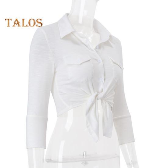 Женская рубашка белого цвета с длинным рукавом, лацканами, завязками, подолами, однотонные короткие повседневные топы для офиса, отпуска, вечеринки, уличной одежды