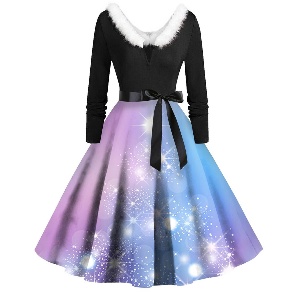 Женское винтажное платье с длинным рукавом и рождественским принтом в стиле 1950-х годов для вечеринки, выпускного вечера, для домохозяйки