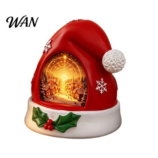 Cute Christmas Desk Accessory Hat Ornament with Light, Resin Festive Holiday Figurine, Lamp Glittering Seasonal Craft for Living Room Window