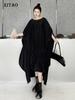 Black Irregular Batwing Sleeve Dress Loose Fashion Folds Patchwork Hem 2024 Summer New Personality Women WLD20226