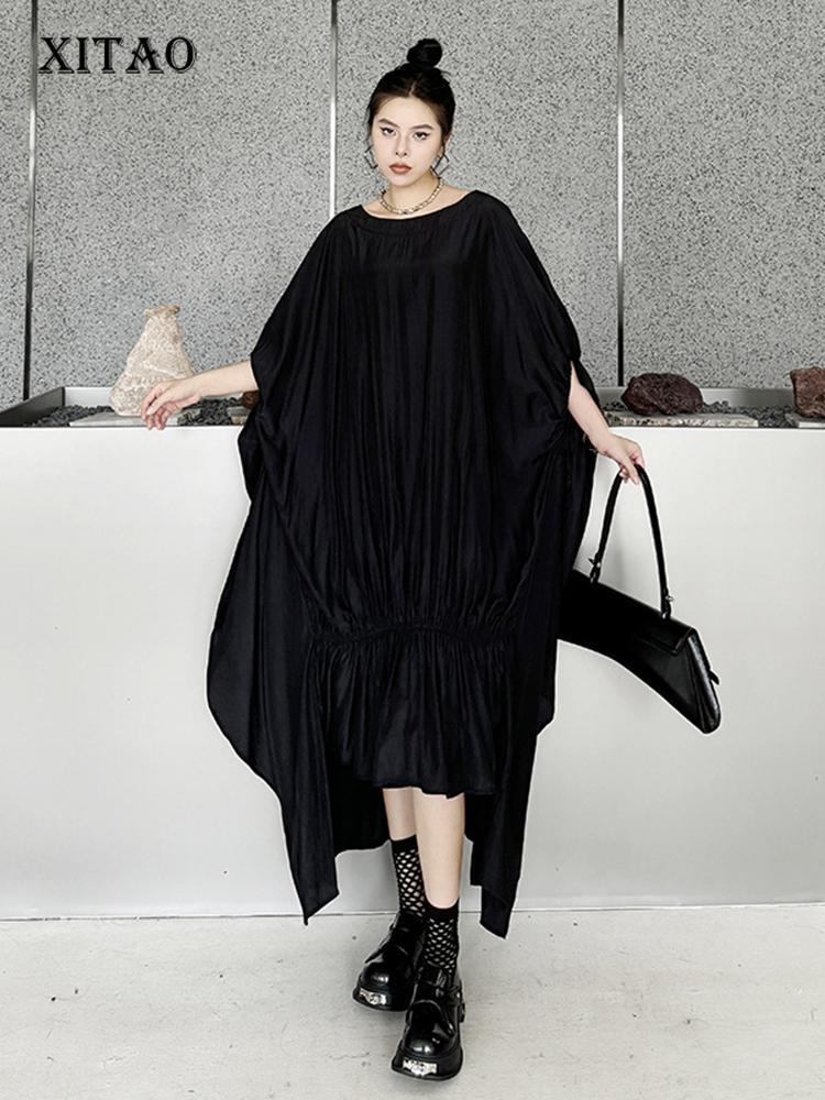 Xitao Black Irregular Batwing Sleeve Dress Loose Fashion Folds Patchwork Hem 2024 Summer New Personality Women WLD20226