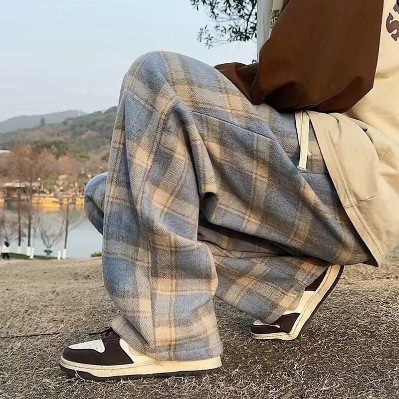 Fleece Vintage American Style Tweed Plaid Men's Pants Loose Straight Wide Leg Casual Trousers Trendy Brand Punk Rock Streetwear