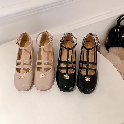 2025 ранняя весна новая серия miu круглый носок средний каблук с Мэри Джейн одинарные туфли лакированная кожа толстый каблук одинарные туфли женские