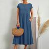 O-Neck Dress For Women Casual Comfy Cotton Linen Short Sleeve Tunic Beach Dresses With Pockets