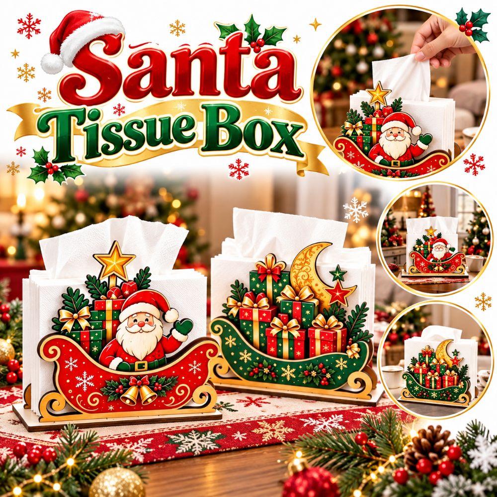 Wooden Santa Tissue Box Gift Pattern Santa Sleigh Napkin Stand Table Decor