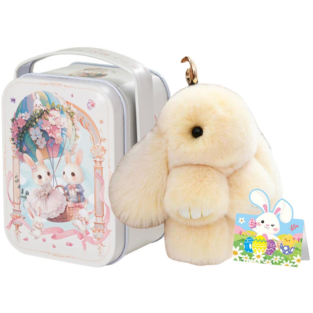 Bunny Lucky Keychains with Tin Box & Best Wishes Card Bunny Cute Plush Keychain for Bags Backpacks Rabbit Charm Easter Gifts