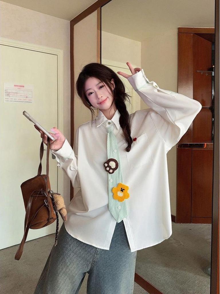 Женская белая рубашка-поло с галстуком - Колледж-стиль, Защита от солнца, Для носки с весны по осень