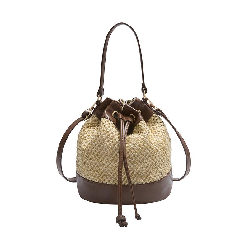 Hot Sale Contrasting Color Splicing Straw Pumping Bucket Bags Fashion Versatile Premium Holiday Wind Crossbody Women's Bags