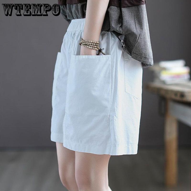 WTEMPO Хлопковые шорты, женские свободные однотонные короткие широкие брюки, летние тонкие повседневные шорты с высокой эластичной резинкой на талии
