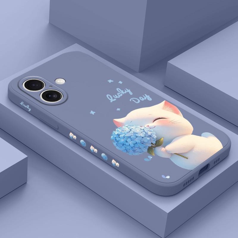 Синий Шелковый Чехол для Телефона с Кошкой Для iPhone 16 16e 15 14 13 12 11 X XR XS Plus Pro Max Mini Силиконовый Чехол